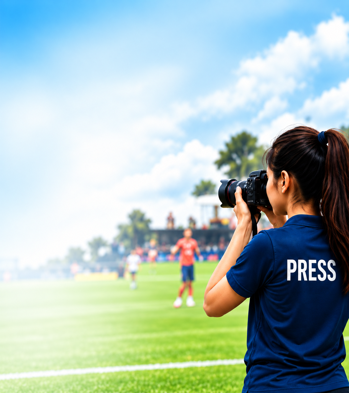 Sports press photographer covering a football match